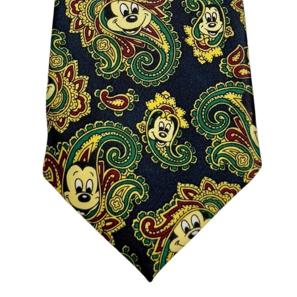 VTG Disney Mickey Mouse Paisley Tie Mercedes‎ High Fashion Navy Green Silk